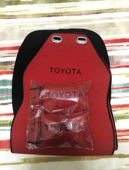 TOYOTA Nakışlı Ön İkili Oto Koltuk Minderi 2 Adet Boyun Yastığı 2 Adet Kemer Pedi KIRMIZI - 2