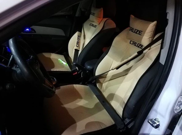 CHEVROLET CRUZE Nakışlı Ön İkili Oto Koltuk Minderi 2 Adet Boyun Yastığı 2 Adet Kemer Pedi KREM - Resim 2