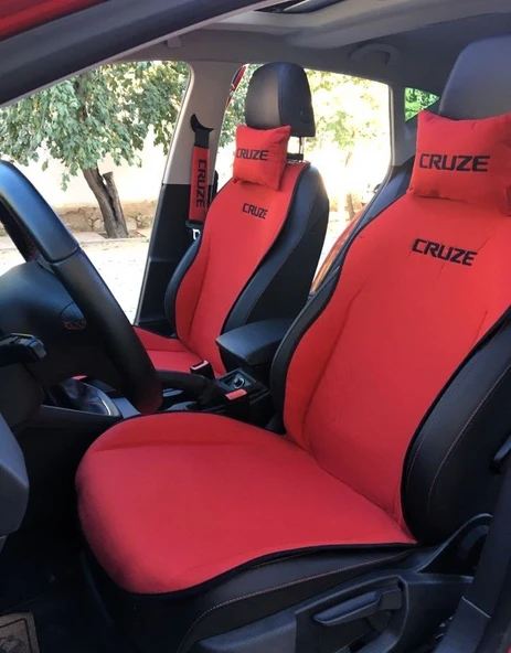 CHEVROLET CRUZE Nakışlı Ön İkili Oto Koltuk Minderi 2 Adet Boyun Yastığı 2 Adet Kemer Pedi KIRMIZI - Resim 2