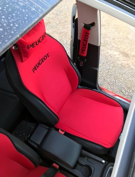 PEUGEOT Nakışlı Ön İkili Oto Koltuk Minderi 2 Adet Boyun Yastığı 2 Adet Kemer Pedi KIRMIZI - 3