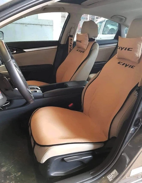 Honda Cıvıc Nakışlı Ön İkili Oto Koltuk Minderi 2 Adet Boyun Yastığı 2 Adet Kemer Pedi KREM