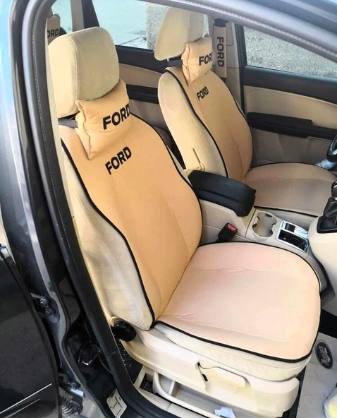 FORD Nakışlı Ön İkili Oto Koltuk Minderi 2 Adet Boyun Yastığı 2 Adet Kemer Pedi KREM ürün görseli