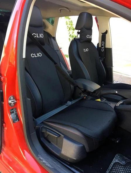 Renault Clio Nakışlı Ön İkili Oto Koltuk Minderi 2 Adet Boyun Yastığı 2 Adet Kemer Pedi SİYAH ürün görseli