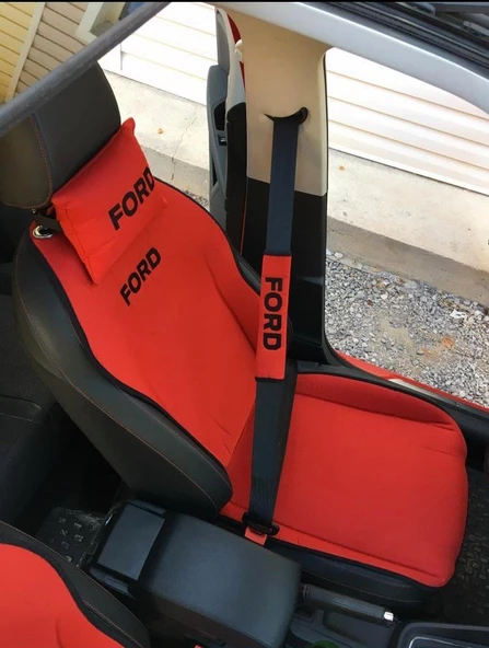 FORD Nakışlı Ön İkili Oto Koltuk Minderi 2 Adet Boyun Yastığı 2 Adet Kemer Pedi KIRMIZI - 2