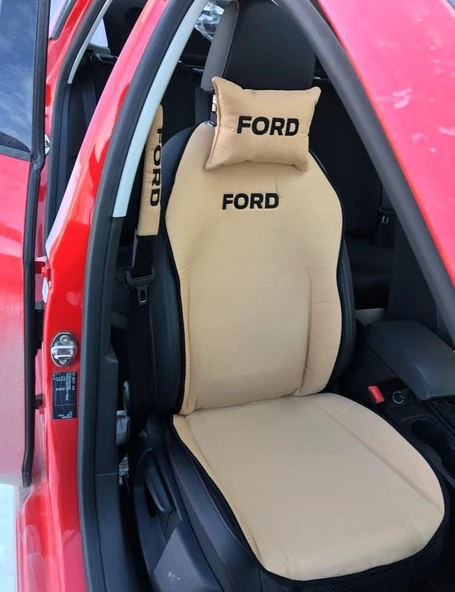 FORD Nakışlı Ön İkili Oto Koltuk Minderi 2 Adet Boyun Yastığı 2 Adet Kemer Pedi KREM - Resim 2