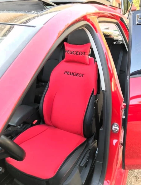 PEUGEOT Nakışlı Ön İkili Oto Koltuk Minderi 2 Adet Boyun Yastığı 2 Adet Kemer Pedi KIRMIZI - 2