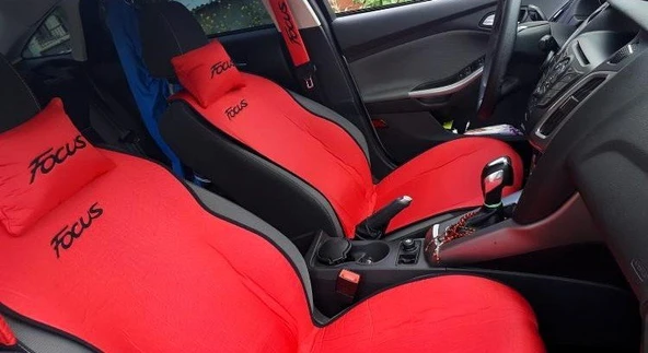FORD FOCUS Nakışlı Ön İkili Oto Koltuk Minderi 2 Adet Boyun Yastığı 2 Adet Kemer Pedi KIRMIZI - 3