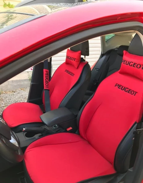 PEUGEOT Nakışlı Ön İkili Oto Koltuk Minderi 2 Adet Boyun Yastığı 2 Adet Kemer Pedi KIRMIZI ürün görseli
