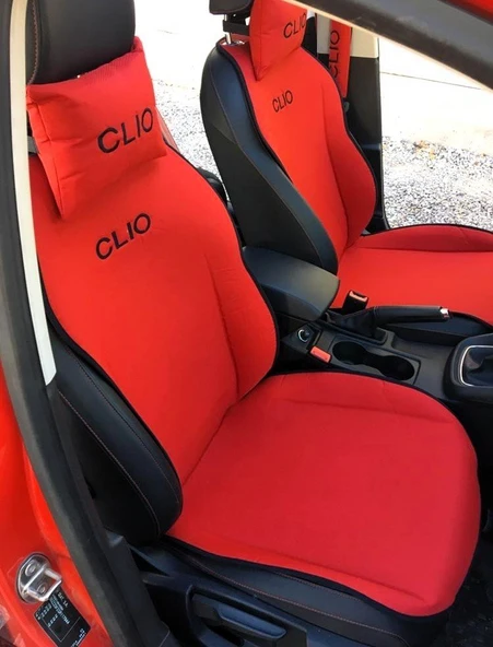 Renault Clio Nakışlı Ön İkili Oto Koltuk Minderi 2 Adet Boyun Yastığı 2 Adet Kemer Pedi KIRMIZI ürün görseli