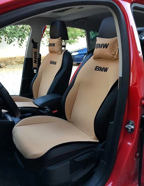 BMW Nakışlı Ön İkili Oto Koltuk Minderi 2 Adet Boyun Yastığı 2 Adet Kemer Pedi - 2