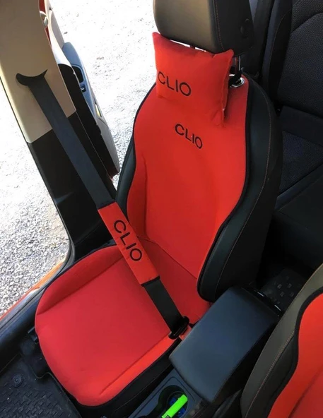 Renault Clio Nakışlı Ön İkili Oto Koltuk Minderi 2 Adet Boyun Yastığı 2 Adet Kemer Pedi KIRMIZI - Resim 2