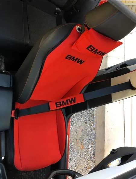 BMW KIRMIZI Nakışlı Ön İkili Oto Koltuk Minderi 2 Adet Boyun Yastığı 2 Adet Kemer Pedi - 2