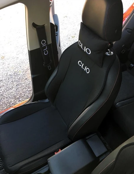Renault Clio Nakışlı Ön İkili Oto Koltuk Minderi 2 Adet Boyun Yastığı 2 Adet Kemer Pedi SİYAH - Resim 2
