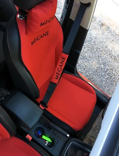 RENAULT MEGANE Nakışlı Ön İkili Oto Koltuk Minderi 2 Adet Boyun Yastığı 2 Adet Kemer Pedi KIRMIZI - Resim 2