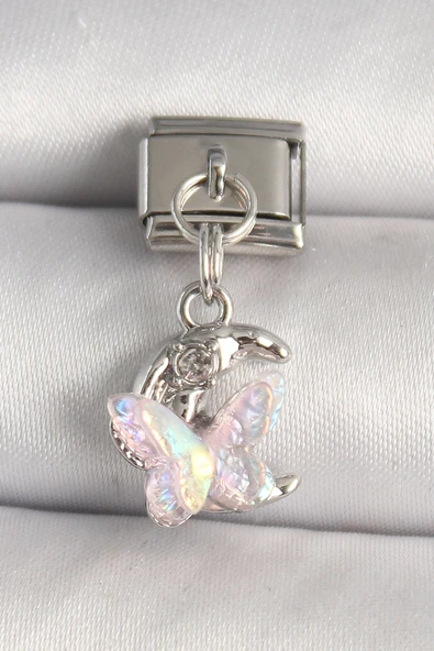 316L Çelik Gümüş Renk Zirkon Taşlı Hilal Pembe Mineli Kelebek Model Nomination Charm - TJ-BC1289