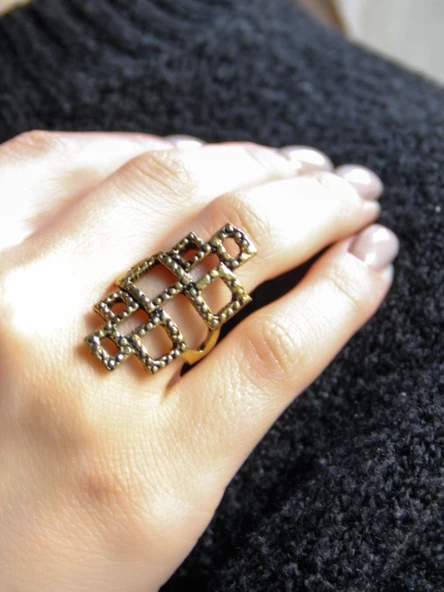 Kare Desenli Antik Ayarlanabilir Kadın Yüzük euy1267 - Resim 2