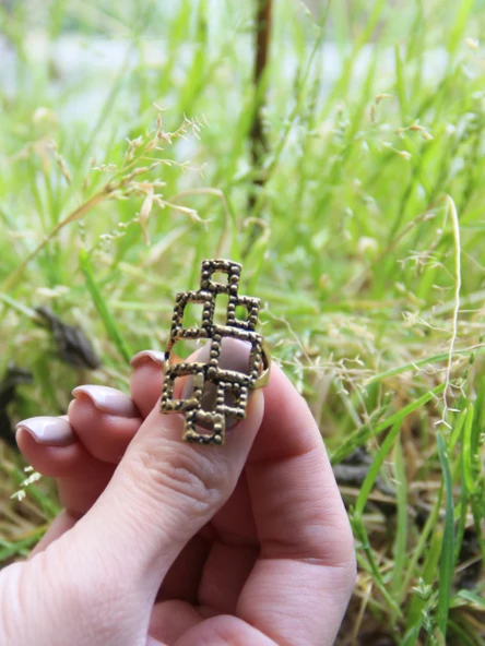 Kare Desenli Antik Ayarlanabilir Kadın Yüzük euy1267 - Resim 3