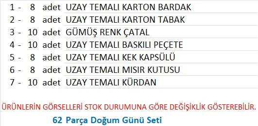 UZAY TEMALI TABAK, BARDAK, ÇATAL, PEÇETE, KEK KAPSÜLÜ, MISIR K, KÜRDAN SETİ - 2