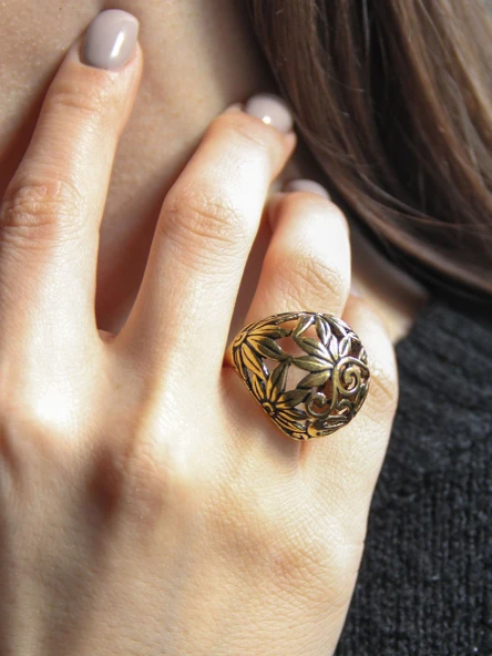 Çiçek Desenli Antik Ayarlanabilir Yuvarlak Kadın Yüzük euy1273 ürün görseli