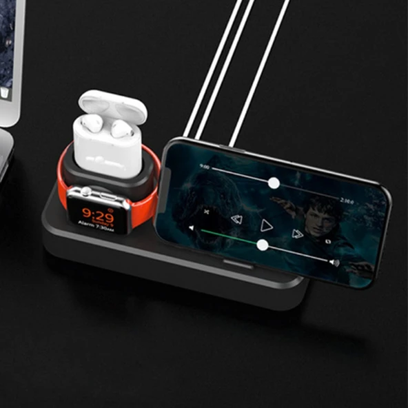 3in1 Charging Base İPhone+ İwatch+ İPods Silikon Şarj Standı (Siyah) - 3