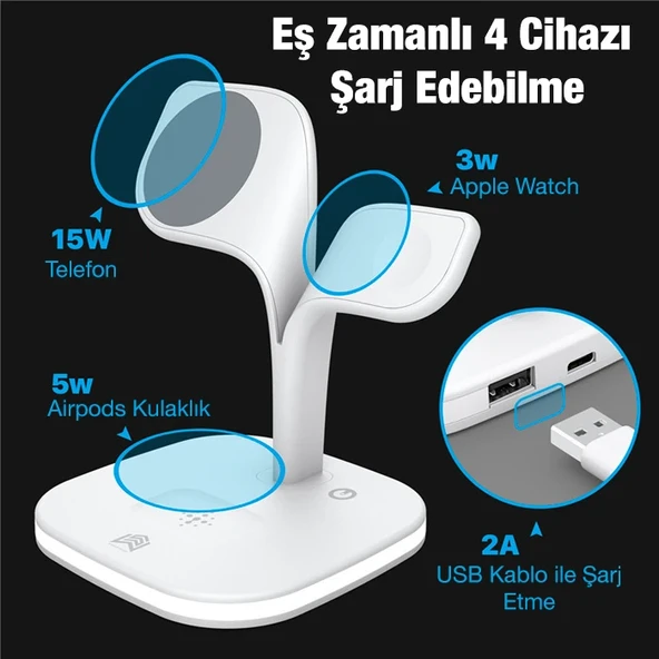 5in1 iPhone 15-14-13-12 Apple Watch Tutucu LED Işıklı Kablosuz Şarj İstasyonu Hızlı Şarj Standı (Beyaz) - 6