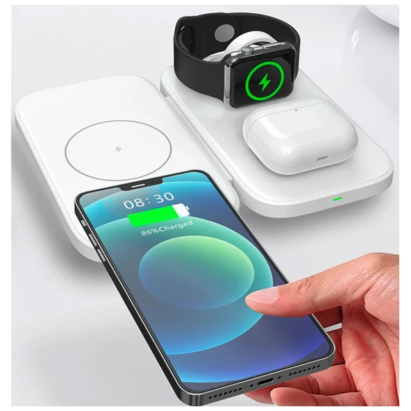 W66 15W 3 in1 Android + iPhone Taşınabilir Mini Kablosuz Hızlı Şarj Standı (Siyah) - 6