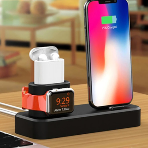 3in1 Charging Base İPhone+ İwatch+ İPods Silikon Şarj Standı (Siyah) - 2