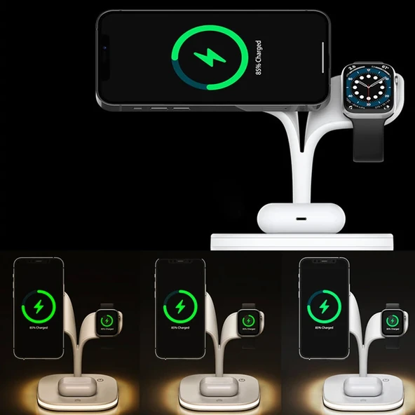 5in1 iPhone 15-14-13-12 Apple Watch Tutucu LED Işıklı Kablosuz Şarj İstasyonu Hızlı Şarj Standı (Beyaz) - 4