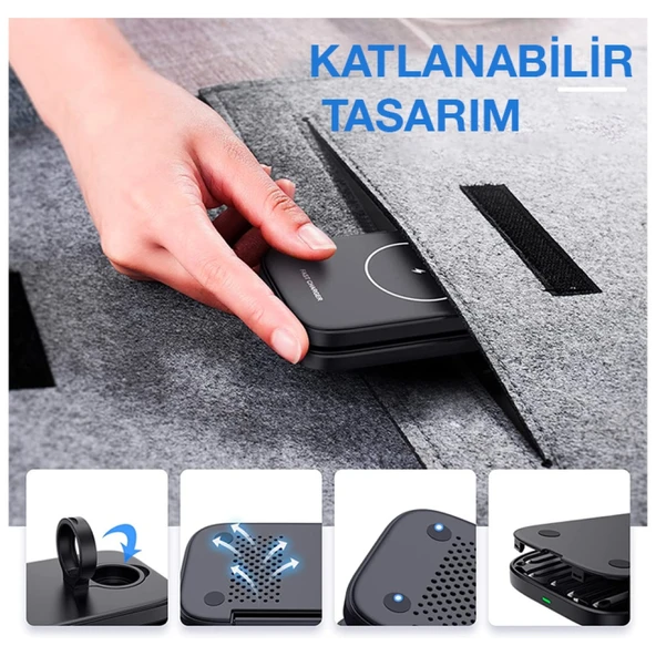 W66 15W 3 in1 Android + iPhone Taşınabilir Mini Kablosuz Hızlı Şarj Standı (Siyah) - 3