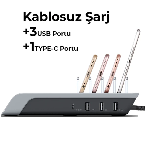 Multiport 10W Wireless Kablosuz Şarj Cihazı Organizer Stand (Siyah) - 3