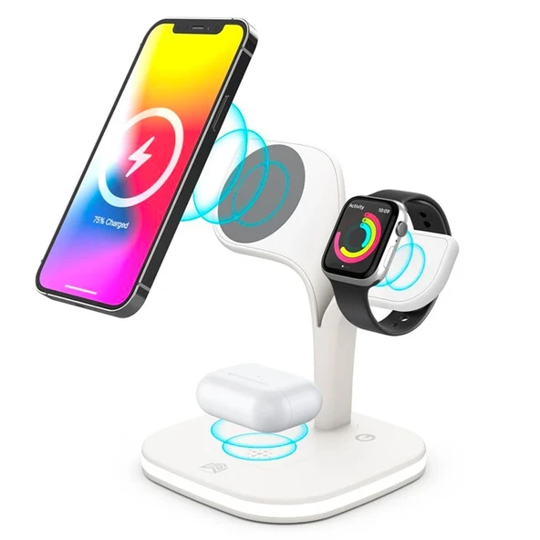 5in1 iPhone 15-14-13-12 Apple Watch Tutucu LED Işıklı Kablosuz Şarj İstasyonu Hızlı Şarj Standı (Beyaz)