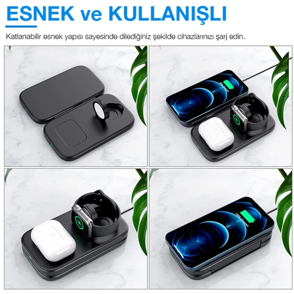 W66 15W 3 in1 Android + iPhone Taşınabilir Mini Kablosuz Hızlı Şarj Standı (Siyah) - 5