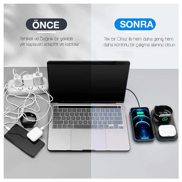 W66 15W 3 in1 Android + iPhone Taşınabilir Mini Kablosuz Hızlı Şarj Standı (Siyah) - 4
