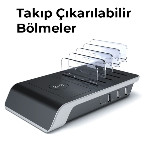 Multiport 10W Wireless Kablosuz Şarj Cihazı Organizer Stand (Siyah) - 4