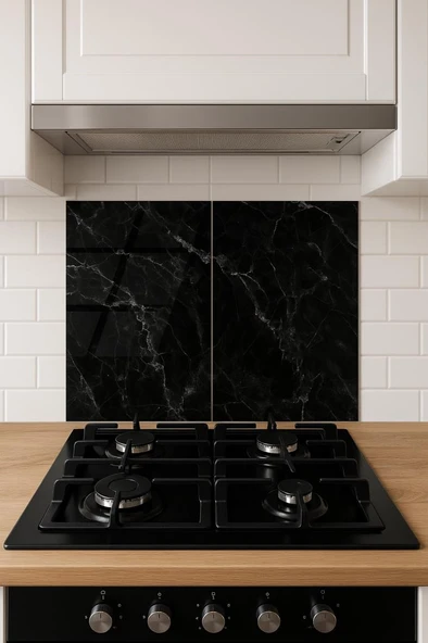 2' li 40x52 cm Siyah Mermer Desenli Cam Ocak Koruyucu ürün görseli