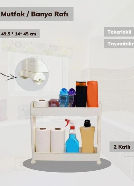 2 Katlı Mutfak Rafı Tekerlekli Organizer Dar Banyo Düzenleyici Motek Beyaz Banyo Rafı - 2