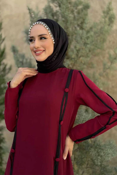 Büyük Beden Düğme Detaylı Elbise 3919-1 Bordo - 4
