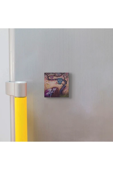 Baykuşlar ve kız Baskılı Taş Magnet 5X5 - 3