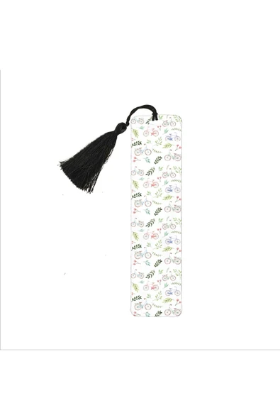 Bisikletli Desen Baskılı, Püsküllü Kitap Ayracı (Bookmark,ayraç-133)