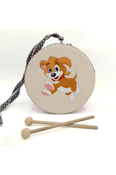 Sevimli Köpek Baskılı Deri Oyuncak Çocuk Davulu Sarı( 2-5 Yaş) - 2