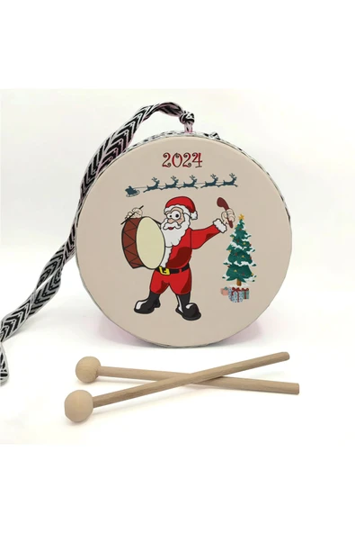 Noel Baba Baskılı Deri Oyuncak Çocuk Davulu Sarı( 2-5 Yaş) - 2