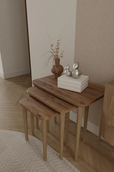 Dikdörtgen Zigon Sehpa 3'lü Set – Ahşap Ayaklı Modern Tasarım - 11