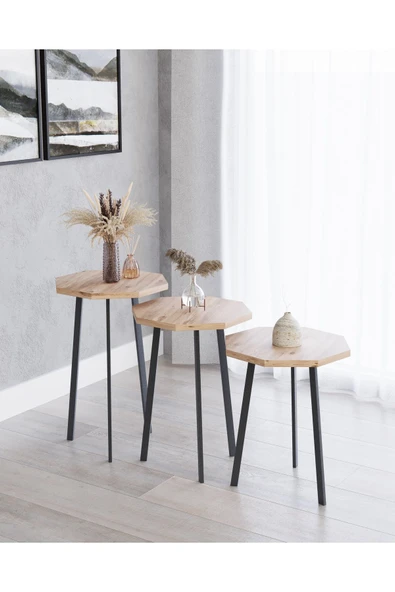 USTAELİ Oktagon Atlantik Çam Zigon Sehpa, Zigon Sehpa, Sekizgen Zigon Sehpa, 3lü Zigon Sehpa, Yan Sehpa - 2