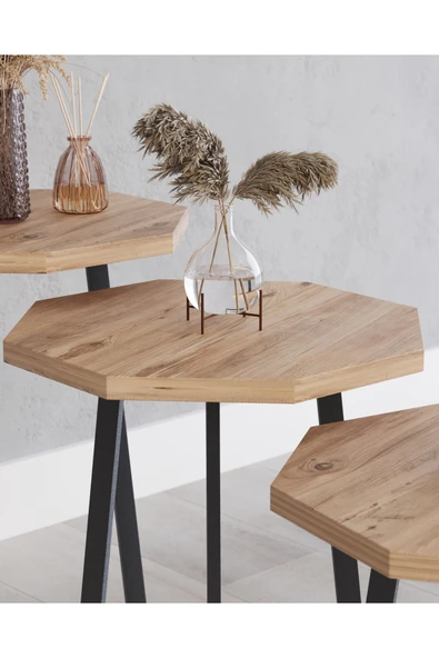 USTAELİ Oktagon Atlantik Çam Zigon Sehpa, Zigon Sehpa, Sekizgen Zigon Sehpa, 3lü Zigon Sehpa, Yan Sehpa - 4