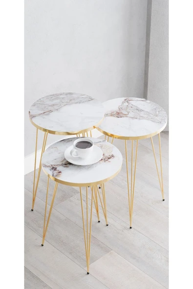 Zigon Sehpa, Gold Tel Ayak Sehpa, Gold Zigon Sehpa, 3lü Zigon Sehpa, Gold Sehpa, Altın Rengi - 7