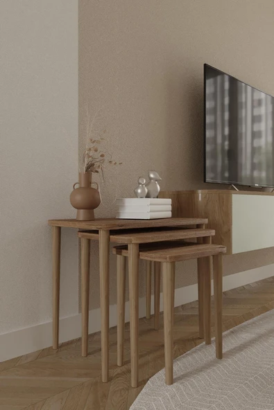 Dikdörtgen Zigon Sehpa 3'lü Set – Ahşap Ayaklı Modern Tasarım - 12