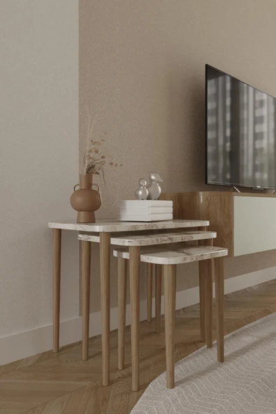 woodaria Kare Zigon Sehpa, 3lü Sehpa Seti, Zigon Sehpa,, Ahşap Ayaklı Zigon Sehpa - 4