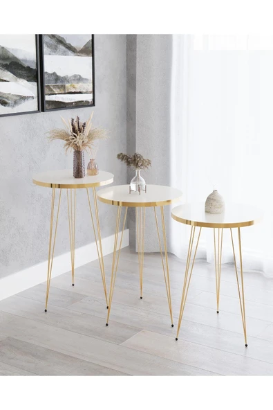 Zigon Sehpa, Gold Tel Ayak Sehpa, Gold Zigon Sehpa, 3lü Zigon Sehpa, Gold Sehpa, Altın Rengi - 2