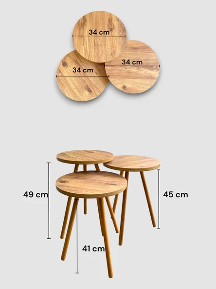 Zigon Sehpa, 3lü Zigon Sehpa, Ahşap Ayaklı Zigon Sehpa, Kahve Masası - 12