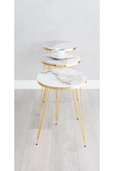 Zigon Sehpa, Gold Tel Ayak Sehpa, Gold Zigon Sehpa, 3lü Zigon Sehpa, Gold Sehpa, Altın Rengi - 8